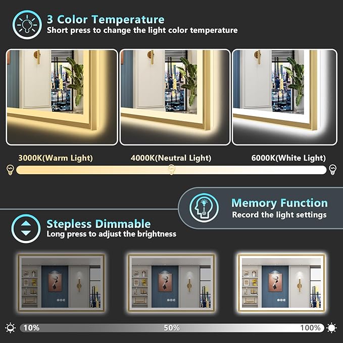66x40 Gold Beveled LED Bathroom Mirror with Lights, Brushed Gold Framed Backlit and Front Lit Anti-Fog Lighted Vanity Mirrors for Bathroom Wall, Dimmable, 3 Colors, Memory, HD Tempered Glass