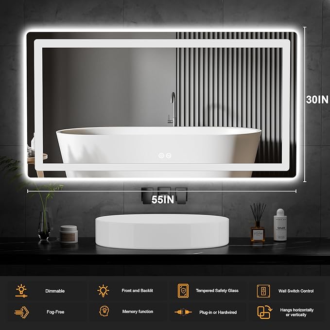 LED Bathroom Vanity Mirror with Light, 30"x55" Led Bathroom Vanity Mirror with Light for Wall, Anti-Fog, Dimmable 3 Colors, Memory Function, Backlit and Front Lit, Plug-in/Hardwired