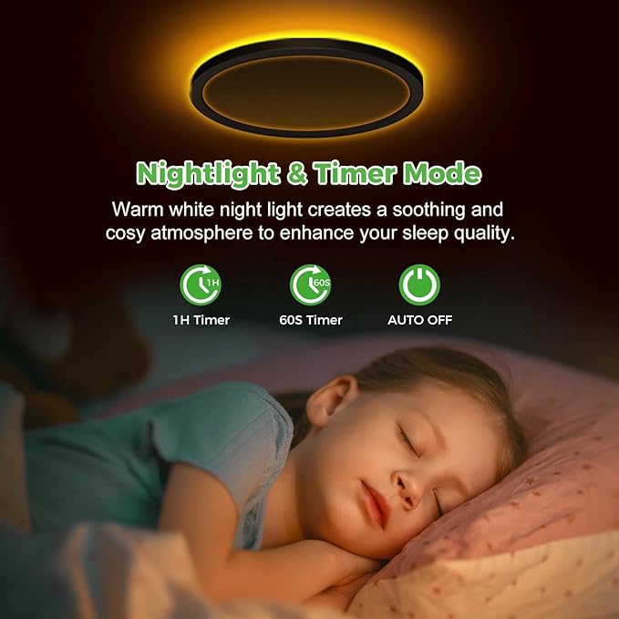 zemty 9 Inch LED Ceiling Light with Night Light 1800K, 3000K/4000K/6500K Dimmable Light Fixtures with Remote Control,15W 1500lm Flush Mount Ceiling Lamp for Bedroom LivingRoom Bathroom Kitchen-Black