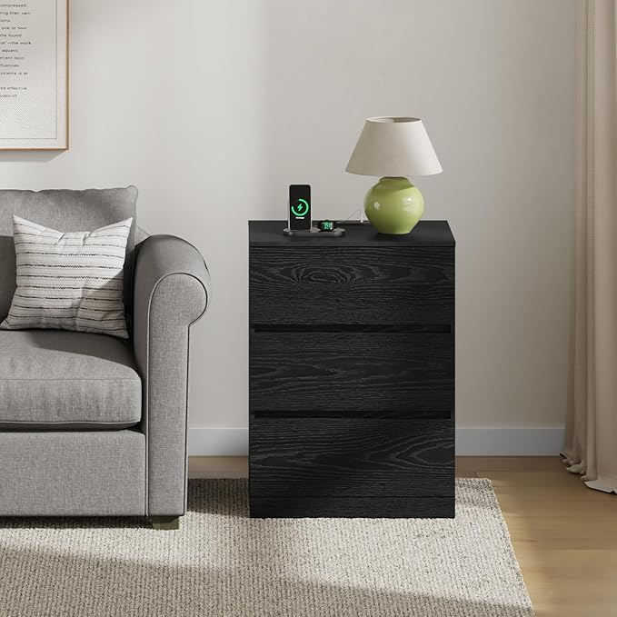 Nightstand Set of 2, 26" H with Hidden Drawer, Bedside Table with Charging Station, 4 Drawers, Modern Night Stand for Bedroom, Black