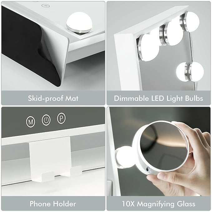 Kottova Makeup Mirror with Lights, 14" x 12" Vanity Mirror, Lighted Makeup Mirror with 3 Color Dimmable Lighting & Touch Sensor, Detachable 10X Spot Mirror, White