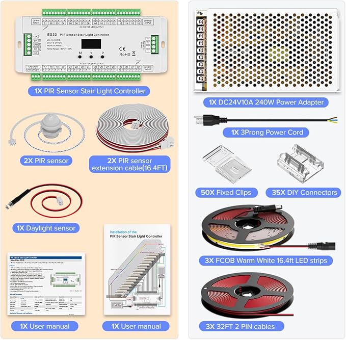 BTF-LIGHTING PIR Sensor Stair Light ES32 Controller Kit 3X16FT Custom FCOB LED Strip Length Fits All Widths of Stairs DC24V 3000K CRI 90+ 8mm Width Dimmable Uniform Light Multiple On and Off Modes