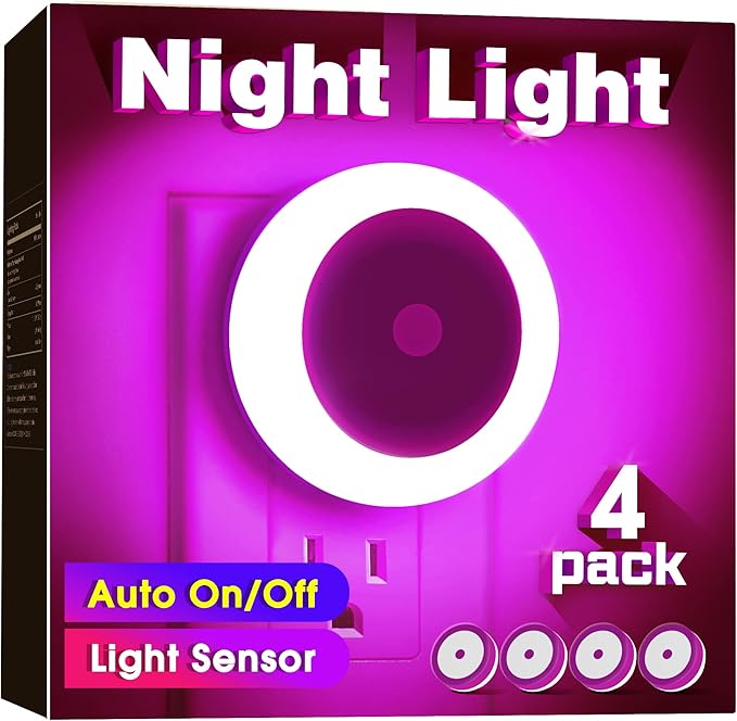 Briignite Purple Night Light, Night Lights Plug into Wall [4Pack], Nightlight with Light Sensors for Kids Room, Baby Night Light, Bathroom Stair Lights, Hallway Light