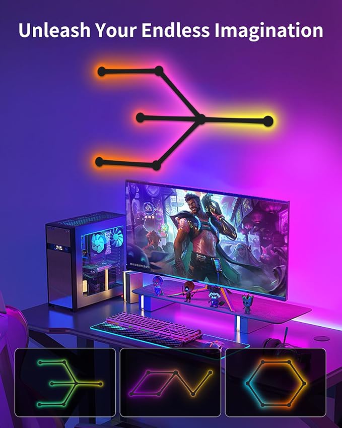 Smart LED Wall Lights, Music Sync Voice Control DIY RGB Light Bar with 16M+ Color & 44+ Scenes, Dimmable Home Decor Wi-Fi Wall Light for Gaming Room TV Bedroom (6 Lines)