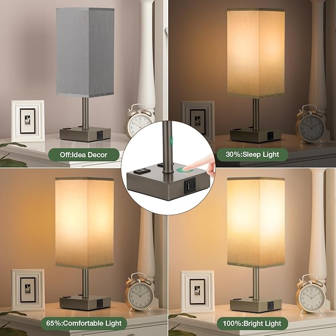 aooshine Dark Grey Touch Lamps Set of 2 - Nightstand Lamp with USB-C + A Charge Ports & AC Outlets, 3-Way Dimmable Bedside Lamp, Small Table Lamp Light for Bedroom (Bulb Included)