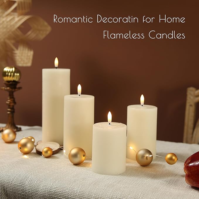 Flameless Candles, 4 Pack Battery Operated Candles with Remote, Real Wax LED Fake Candles with Timer Flickering for Christmas Wedding Home Party D3 H 5" 6" 7" 9" Ivory