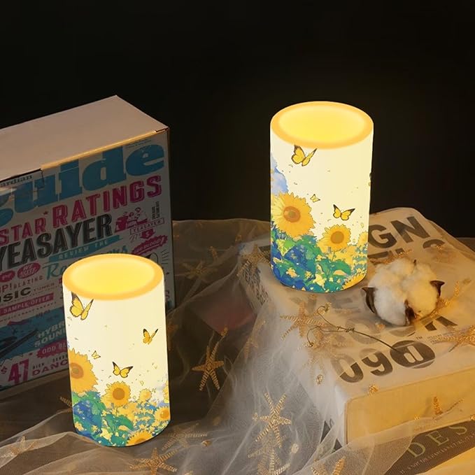 Sunflower Flameless Candles 2 Pack 6 x 3 inch Battery Operated Candles with Multicolor Timer Remote Control LED Fake Candles for Warm Light Dinner Table Home Decor