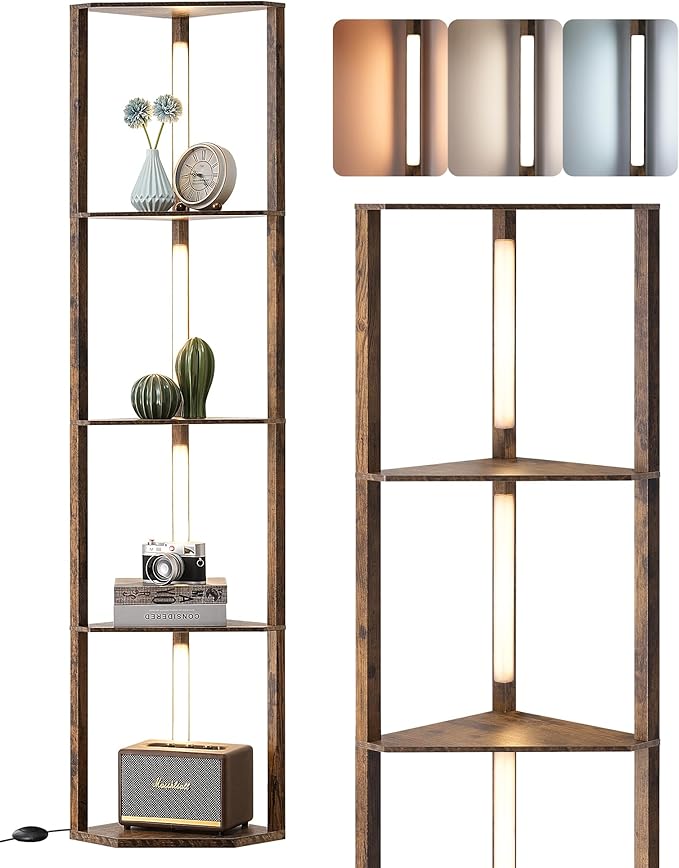 EDISHINE 64" LED Floor Lamp, Modern Floor Lamp with Shelves, Tall Standing Lamp with 3 Color Temperature, Stepless Dimmable Corner Floor Lamps for Living Room, Bedroom, Office, Burlywood