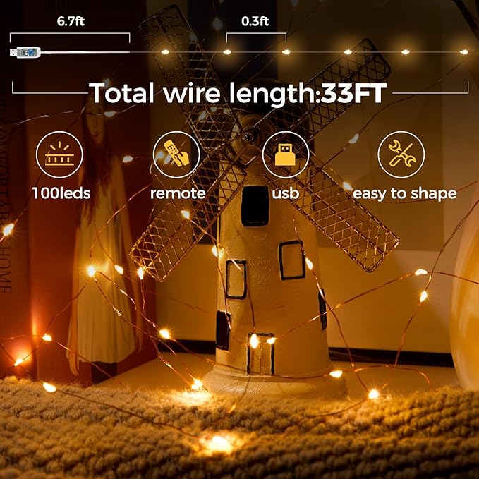 4 Pack 32. 8 ft. USB Powered Fairy Lights with Remote & Timer, 100 LED USB Twinkle String Lights - Silver Wire, 8 Modes, Waterproof, Warm White Starry Lights for Party, Wedding, Christmas