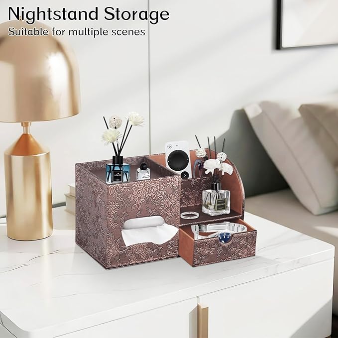 Fanousy Square Tissue Box Cover with Drawer Storage and Tray on Top, PU Leather Tissues Cube Boxes Holder, Modern Nightstand Organizer Caddy, Remote Control Holder for Bathroom, Bedside, Office, Home