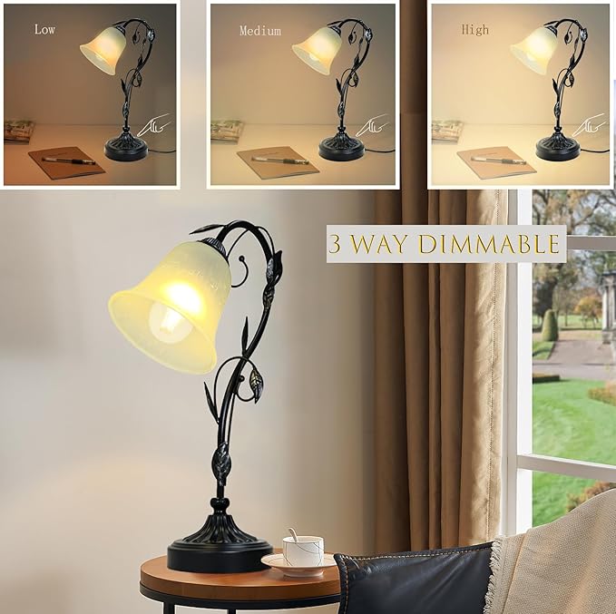 Touch Table Lamps, Flower Vintage Nightstand Lamp, Rustic Reading Bedside Light, Dimmable Farmhouse Stained Glass Lamp with USB for Bedroom Living Room, E26