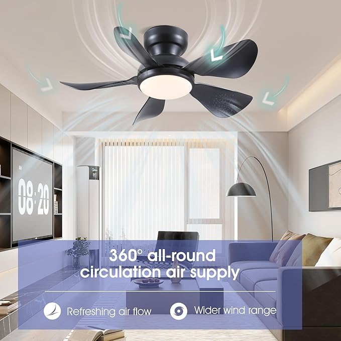 32 Inch Modern Ceiling Fans with Lights, Small Flush Mount Ceiling Fan with Light and Remote/APP Control, 5 Reversible 6 Speeds Curved Blades, 3 CCT Dimmable Lights for Bedroom, Black