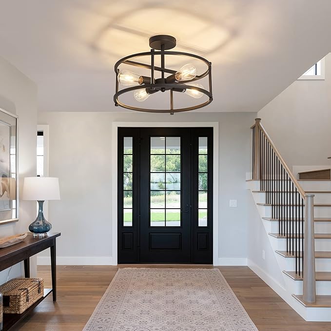Industrial Semi Flush Mount Ceiling Light,4 Light Rustic Metal Ceiling Light Fixture,Black Farmhouse Chandelier for Kitchen Island Dining Room Hallway Entryway Bedroom Living Room.