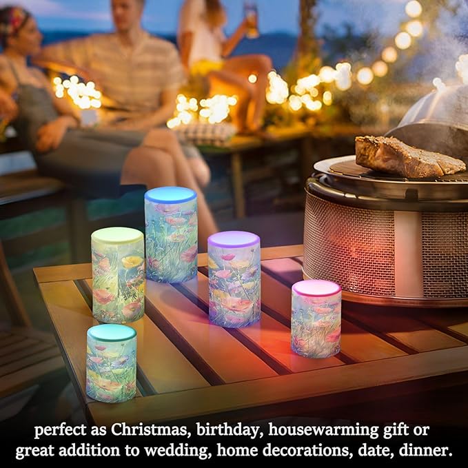 Watercolor Flower Pattern Flameless Candles Color Changing LED Candles with Remote Control Battery Candles for Outdoor and Indoor Home and Room Decoration, 3'' x 4''/5'' Set of 2 Pieces