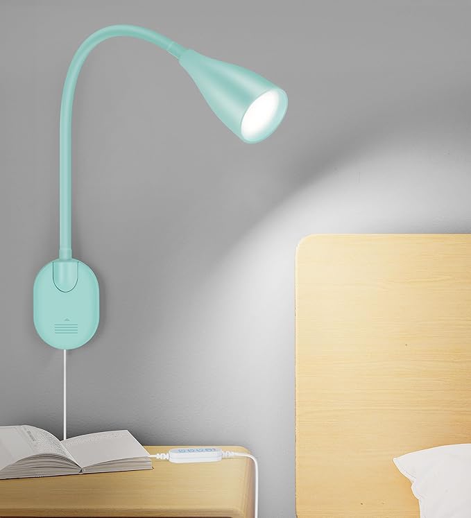 Wall-Mounted LED Bedside Reading Light with USB Charging Port, 10-Level Dimmable & Adjustable 5 Color, Plug-in Adhesive Night Lamp for Books in Bed, Eye-Caring Bedroom Lighting (Teal)