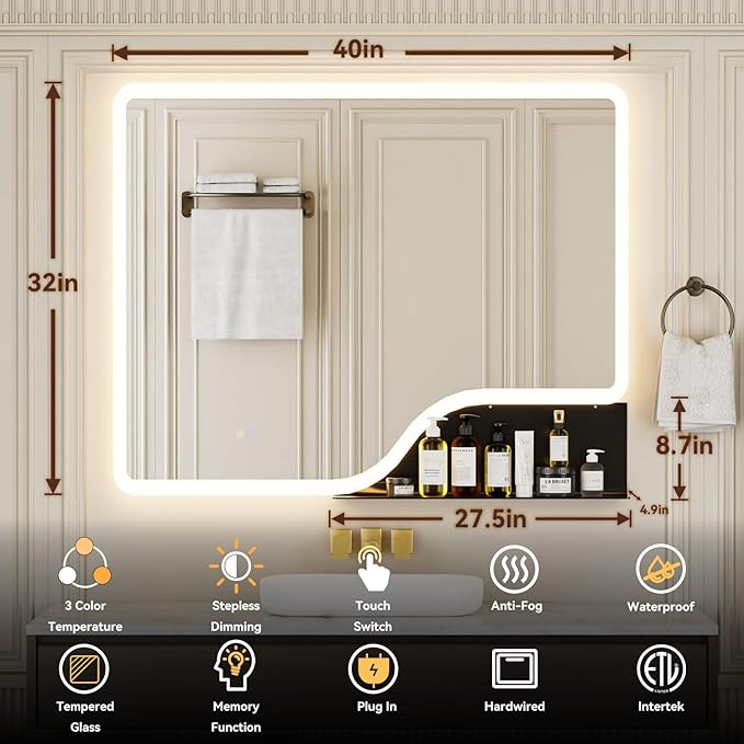 40"x 32" LED Bathroom Mirror with Shelf, Wall-Mounted Backlit Vanity Mirror with Lights, Smart Bathroom Mirror with 3 Colors, Anti-Fog, Stepless Dimmable, Memory (ETL)
