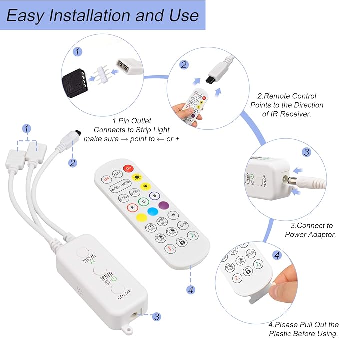 Sunity LED Light Remote Replacement with Controller, Bluetooth RGB LED Controller Set with APP/Music Sync Compatible with 5V/12V/24V 10mm RGB LED Lights Strip(2 Ports)