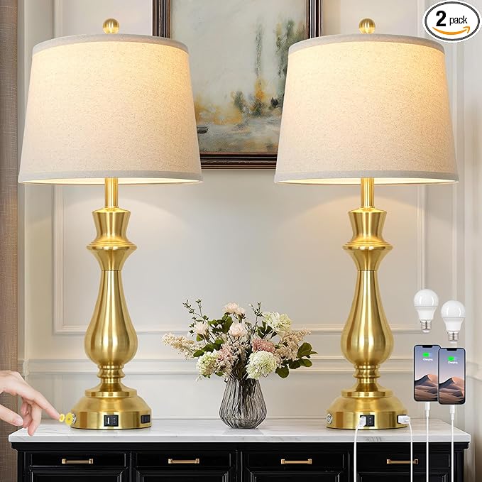 Touch Lamps for Night Stands Set of 2-29.5" Tall Bedside Lamp with USB C+A, 3 Way Dimmable Bedroom Lamps, Gold Metal Table Lamps for Living Room