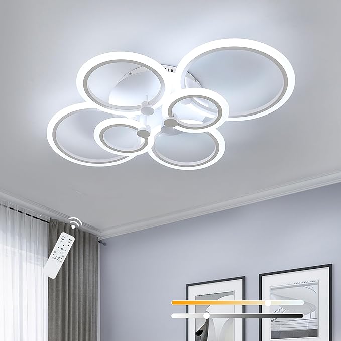 DELIPOP Modern Ceiling Light, 31.8'' Dimmable LED Ceiling Lights with Remote, White 6 Rings Flush Mount Ceiling Light for Kitchen, Bedroom, Living Room, Dining Room