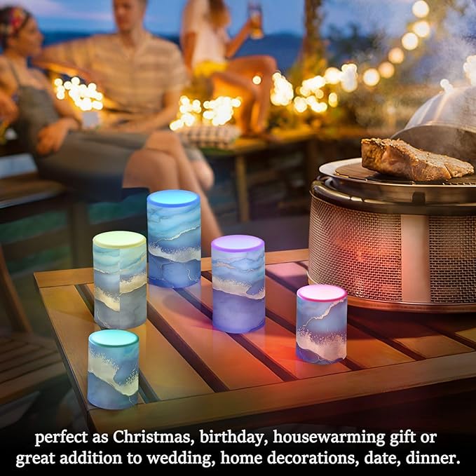 YETTASBIN Blue Marble Flameless Candles with Remote Control and Timer, Adjustable Brightness Long Lasting Battery Operated LED Pillar Candles for Indoor Outdoor Party Holiday Home Decor, 2 Pack