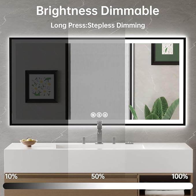 60x36 LED Bathroom Mirror with Lights, Black Aluminum Framed, Backlit + Front Lit, Lighted Bathroom Vanity Mirror for Wall, Anti-Fog, Memory Function, Dimmable, Shatterproof ETL Listed