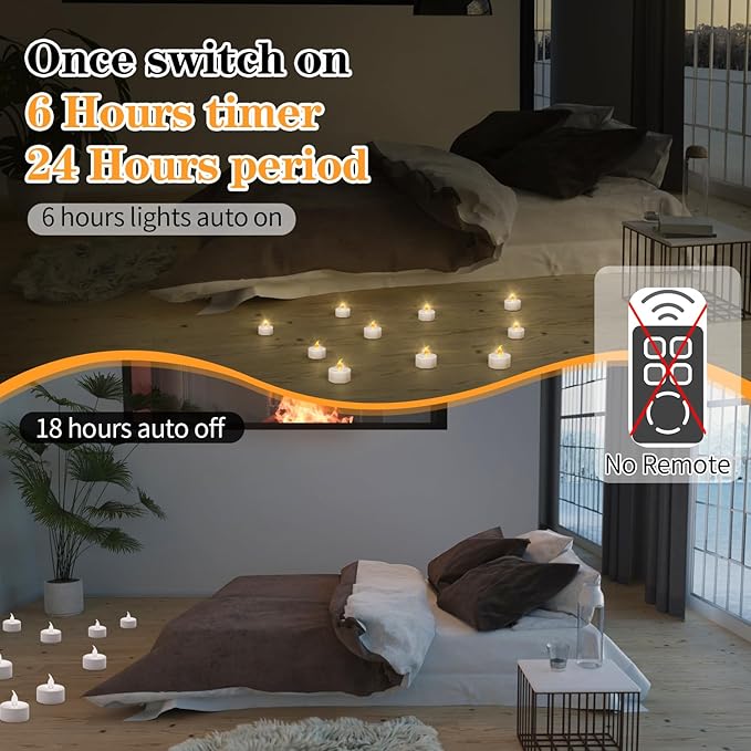KOABY 12/24/50 Pack LED Tea Lights with 6H Timer, Auto On Daily, Flickering Warm Yellow Lights
