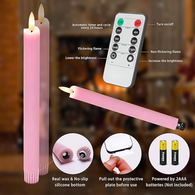 Pink Flameless Taper Candles with Rmote, 9.6" Real Wax Battery Operated Candles with 3D Wick, 3 Pack Led Candlesticks Flickering, Electric Candlesticks for Home, Wedding, Party Decor