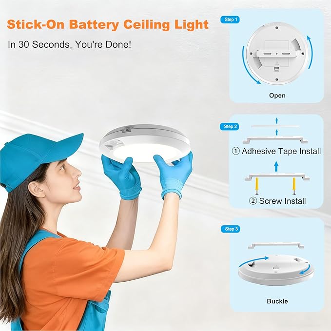 Battery Operated Motion Sensor Light Indoor, 6.3", 210LM, 6000K Cool White, Stick-on or Screw Mount for Ceiling/Wall, for Closet, Pantry, Shed, Cabinet, Stairwell, Hallway, 1-Pack