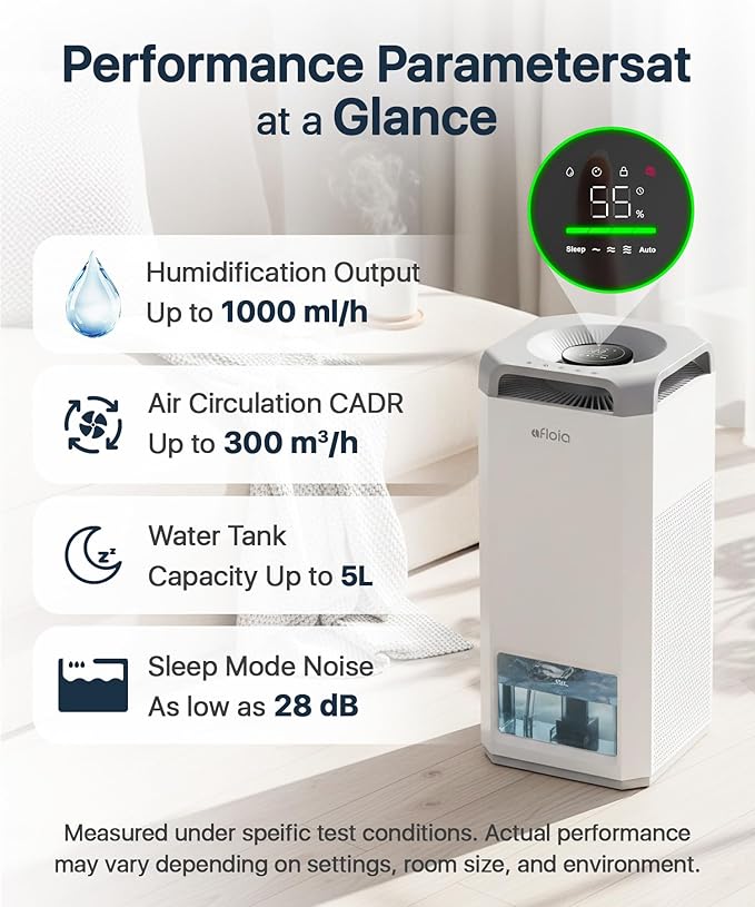 Afloia Humidifier for Bedroom Large Room - Mist Free Evaporative 2 in 1 Humidifier and Air Purifier in One Combo for Home with Top Fill 5L Tank/Humidity&Air Quality Sensor/2-24H Timer