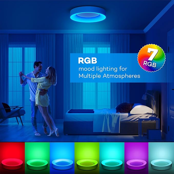RGB Flush Mount Ceiling Light with Remote Control, 2400LM Dimmable Ceiling Light Fixture, 3000K-6500K Modern Low Profile Ceiling Lights for Bedroom Kids Room, 11in White