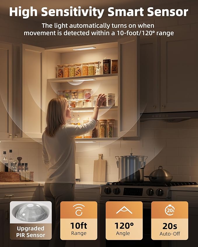 EZVALO 11.8-inch Under Cabinet Lighting, 2400mAh Rechargeable Motion Sensor Light, 3 Color Temperatures, Dimmable Magnetic Wireless Light for Kitchen, Pantry, Closet, Stairs