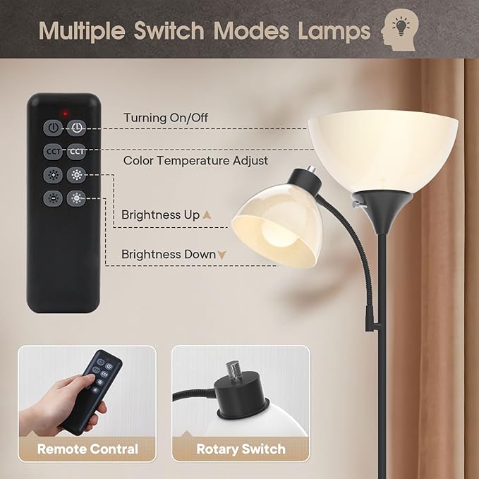 GERGO Led Floor Lamp, Super Bright 11W+7W 2100LM Torchiere Floor Lamps for Living Room, Stepless Adjustable 4 Color Temperatures 3000K-6000K with Remote Control for Bedroom (Matte Black)