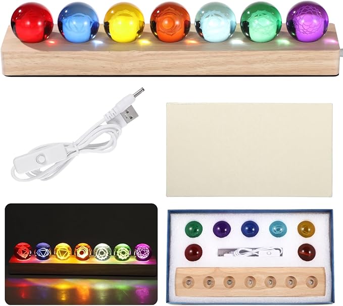 Meditation Decor with 7 Spheres, Led Wooden Stand, 1.5 Crystal Balls Set, Geometric Carvings, Colorful Night Light, Home Or Office