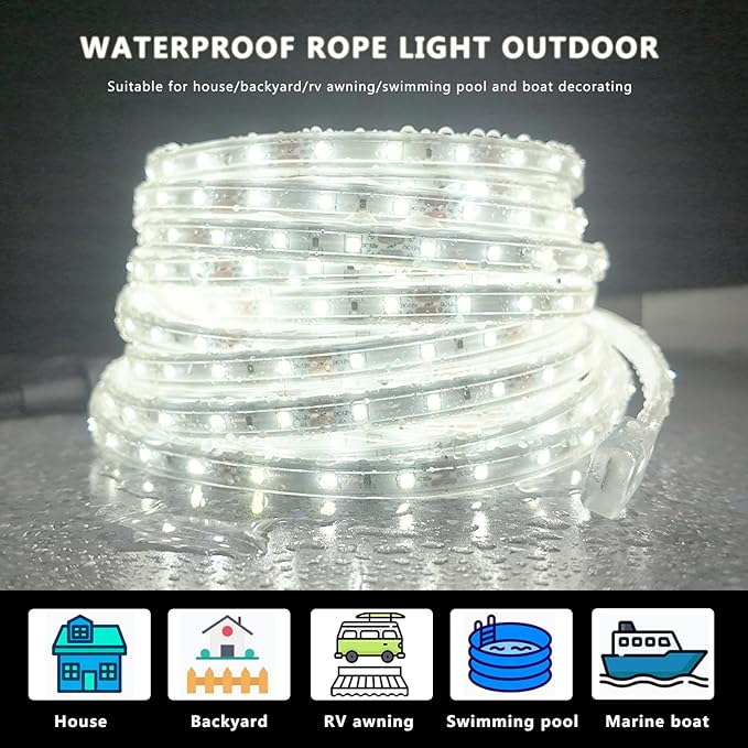 33ft Outdoor LED Strip Lights Waterproof, 600 LEDs 12V Low Voltage Rope Lights, Dimmable White Flat Flexible Lighting for Patio Garden Backyard Christmas Decor (Not Extendable)