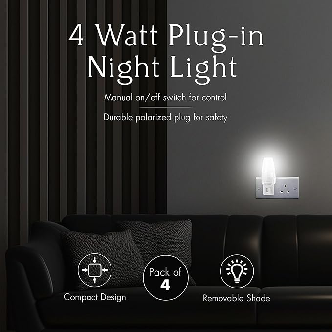 Projectpak Plug in Night Light with Manual On/Off Switch for Hallway, Kid’s Bedroom, Stairways – Includes 4W Incandescent Bulb | 4 Pack