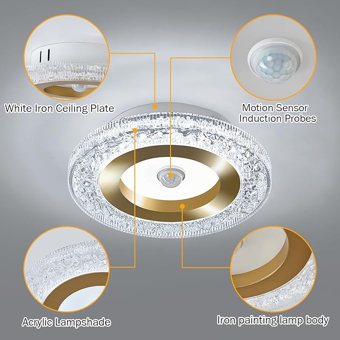 UOFUS Motion Sensor LED Ceiling Light Indoor Wired 7.84inch Gold Flush Mount Light Fixture 6400K Motion Activated Light for Closet Hallway Laundry Stairs Shower Porch Garage Basement