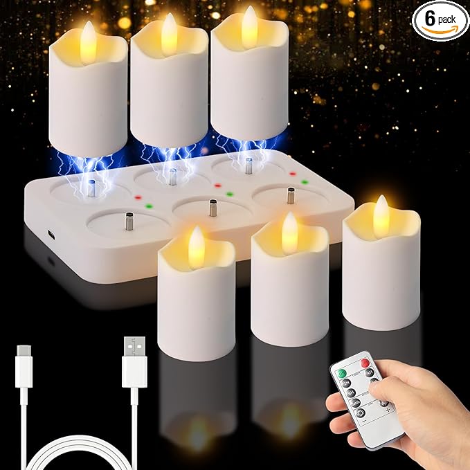Rechargeable Flameless Tea Lights Candles with Remote Timer, 1.5" x 2.6" LED Candles with USB Charging Base, Small Votive Candle Electric Fake Candle for Wedding Table Decor Dining (6 Pack)