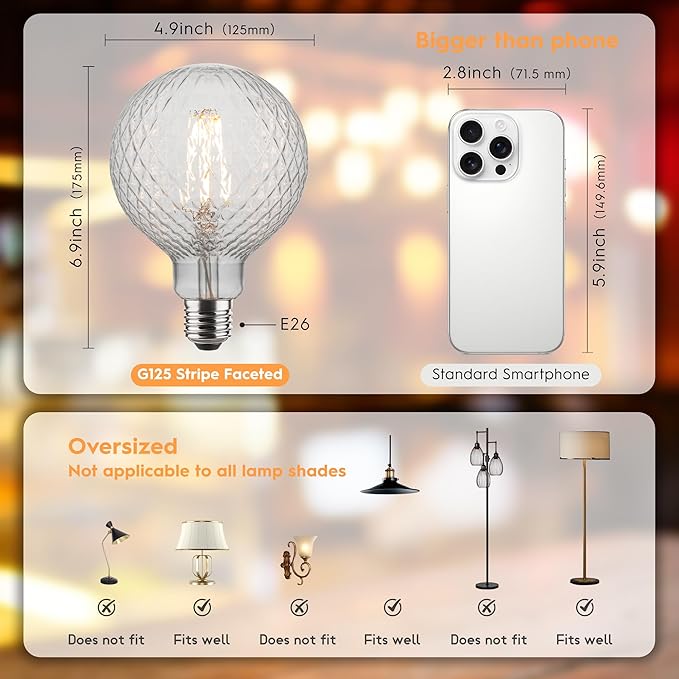 Edison Filament Bulb Pineapple Faceted, Vintage Light Bulbs Clear Crystal, G125 Large Round LED Bulbs, 4W Dimmable E26 Medium Base, Decorative Cut Glass Lights, 4 Pack