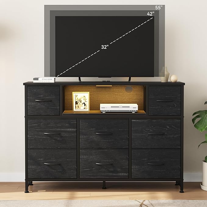DUMOS TV Stand Dresser with 8 Fabric Drawers and Open Shelves, LED Entertainment Center with Charging Station, Wood Top Media Console for 45-55 inch, Bedroom, Woodgrain Black