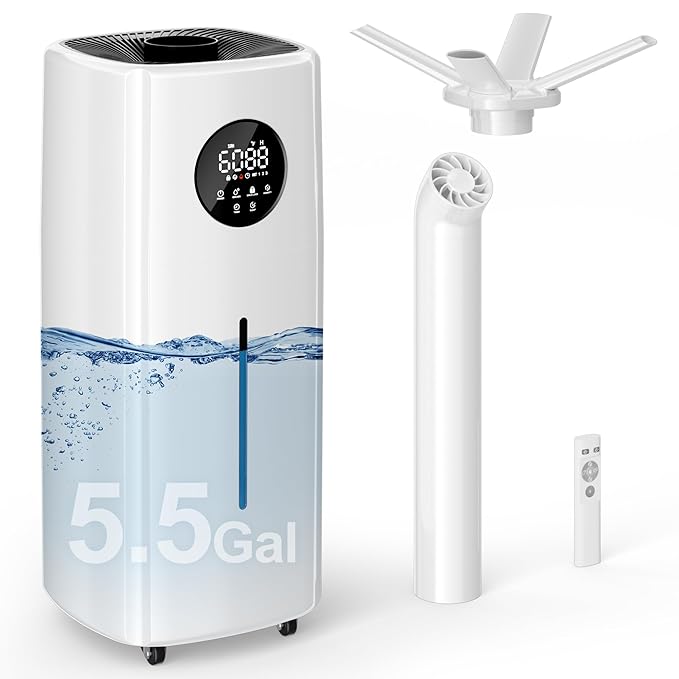Uthfy 5.5Gal/21L Humidifier for Large Room 3000sq.ft, 2000ml/h Dual 360° Nozzles Ultrasonic Humidifiers for Bedroom, Remote/Touch Control,4 Atomizing Plates, Top Fill, 12H Timer