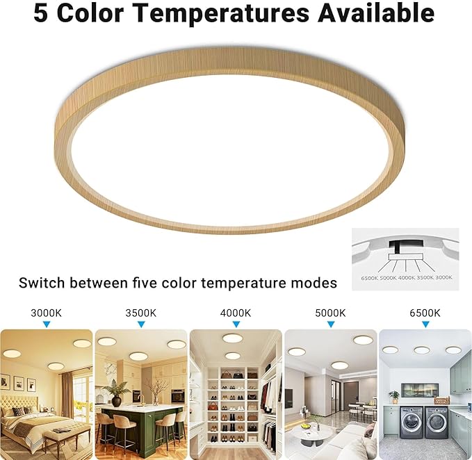 LED Flush Mount Ceiling Light,7Inch 15W,3000K/3500K/4000K/5000K/6500K 5 Color Temperatures Ceiling Light Fixture for Kitchen Porch Hallway Bedroom Bathroom and Closet,Wood