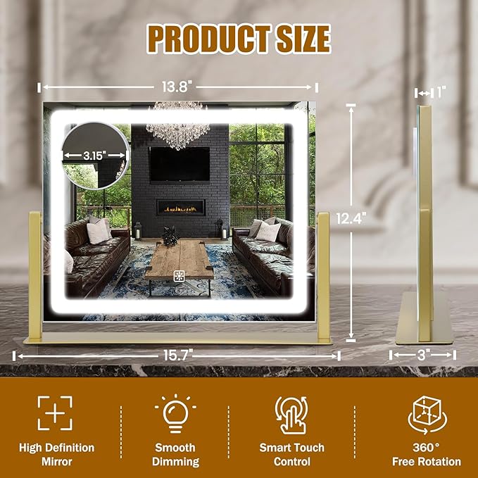 Vanity Mirror with Lights, 16"×12" LED Makeup Mirror, HD Professional Mirror, 10X Magnification, Smart Touch with 3-Color Lighting, Dimmable, 360° Rotation, Lighted Up for Makeup Desk, Bedroom (Gold)