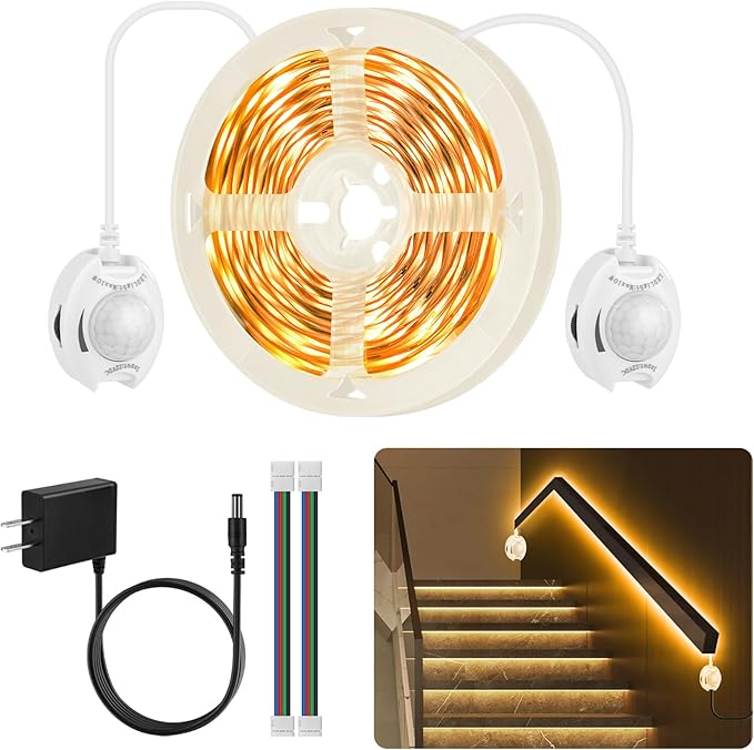 Under Bed Lights Dual Motion Sensor Light Indoor, 19.69Ft Warm White Motion Activated LED Strip Lights Two End Sensor, 12V Dimmable Motion Sensor LED Strip Night Light for Bedside Cabinet Stair Closet