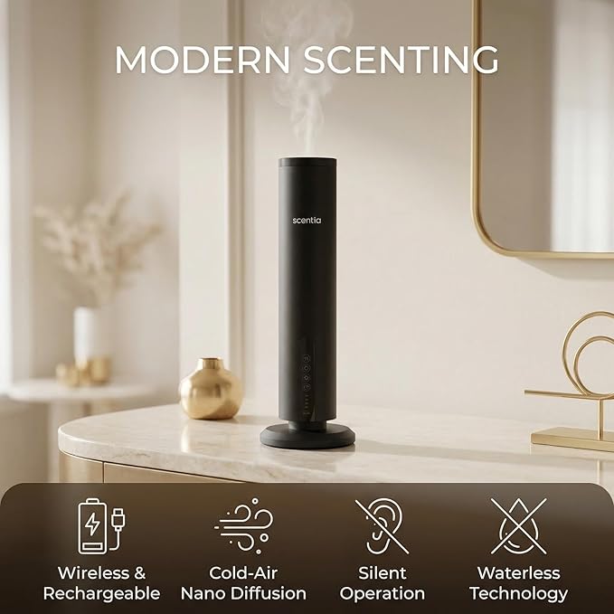 Scentia Wireless Waterless Hotel Scent Diffuser | Includes Premium USA-Made Oil Blend | App Controlled, Cordless | Home, Office, Spa, Aromatherapy | Covers 1500 Sq Ft | 72 Hrs in 1 Charging | Black