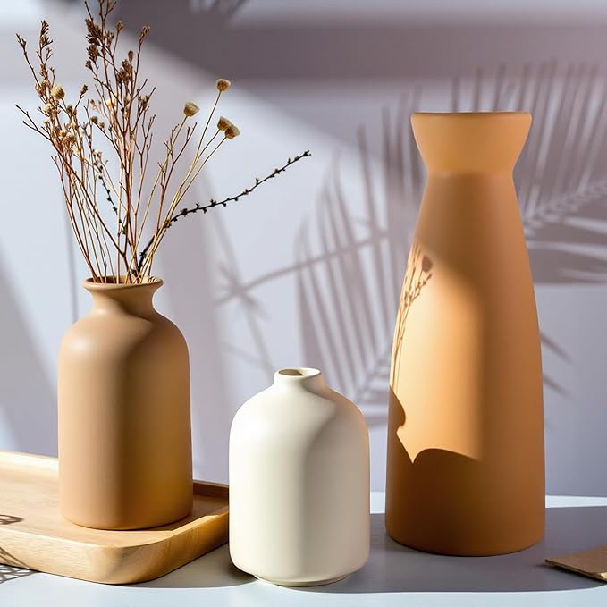 Ceramic Small Vase Set of 3,Modern Boho Farmhouse Home Decor,Pampas Grass Vase,Minimalist Decor,for Entryway Table,Bookshelf,Living Room, Bedroom,Kitchen,Coffee Table Decoration