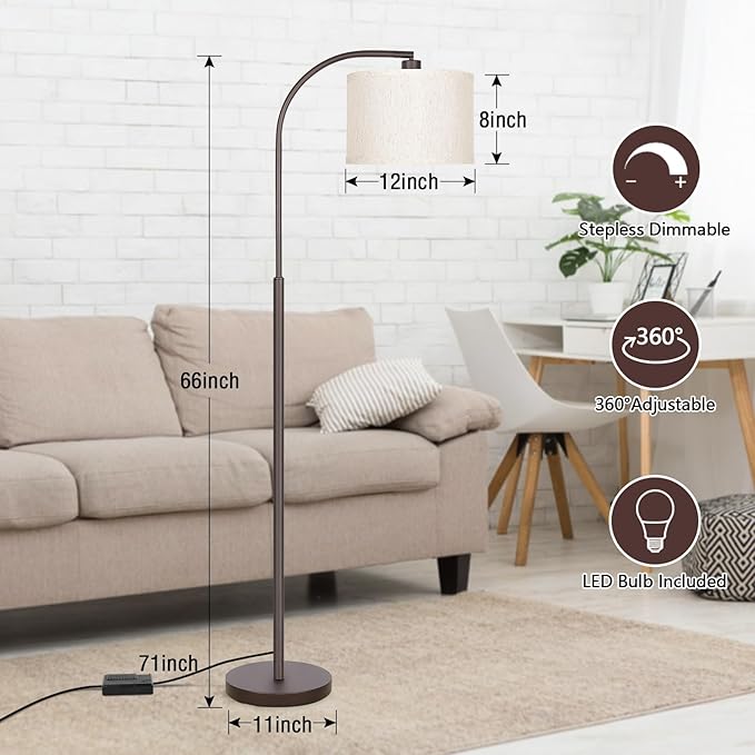 Boncoo Dimmable Floor Lamp, Standing Lamp with Stepless Dimmer, Brown Floor Lamp with Adjustable Linen Beige Shade for Living Room Study Room Office, 9W 3000K Bulb Included