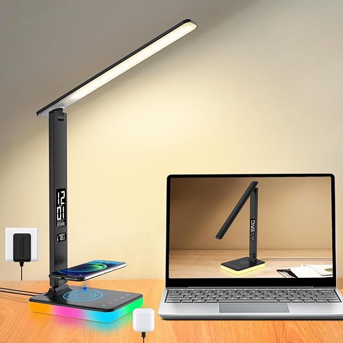 LED Desk Lamp for Home Office, USB Charging Port, Reading Lamp Desk Light with 5 Brightness, 3 Colors, Table Lamp with Clock, Alarm, Date, Temperature, Desk Lamp for College Dorm Room (Black)