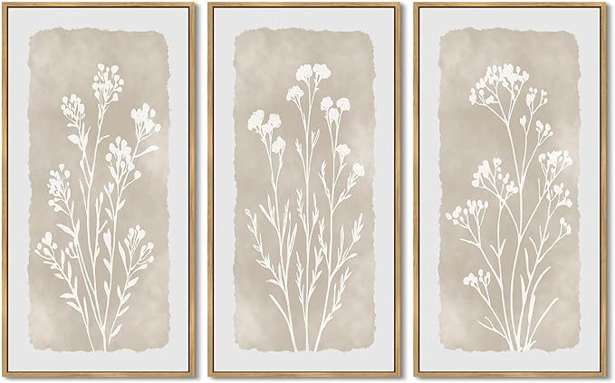 KUVIOKE Vintage Botanical Framed Wall Art White Floral Decor Print Modern Rustic Farmhouse Home Office Kitchen Hallway 8x16in3pcs Natural Framed