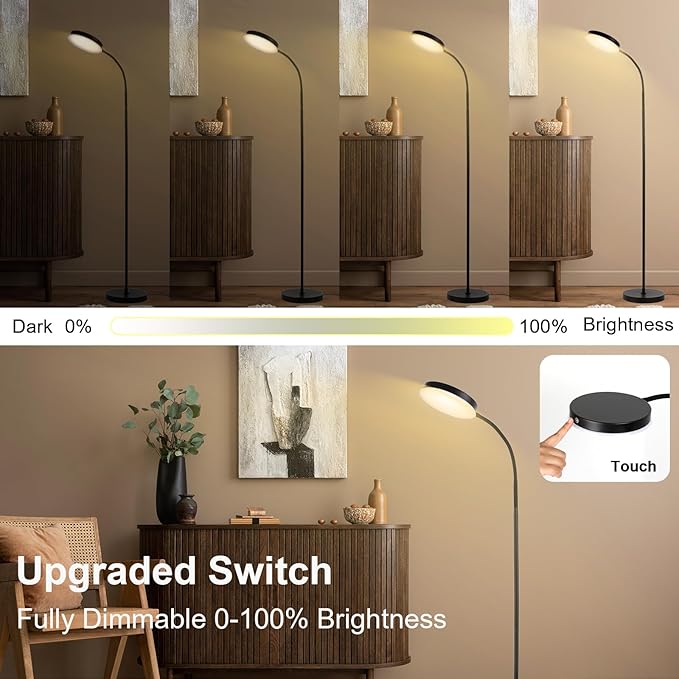 Floor Lamp, LED Floor Lamps for Living Room, Stepless Adjust Color Temperatures & Brightness Standing Lamp with Touch Control Tall Lamps Adjustable Gooseneck Reading Floor Lamp (Black)