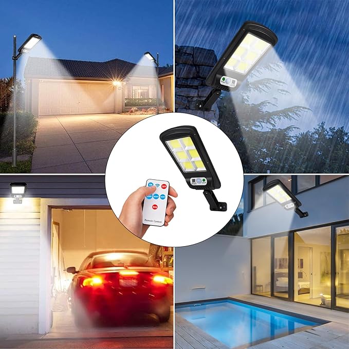 NUNET 4 Pack 120 LED Solar Security Lights Outdoor, Motion Sensor with Remote Control, 3 Modes Weatherproof, Dusk to Dawn, Wireless Solar Street/Flood Lights for Garden Yard Garage Patio Parking Lot